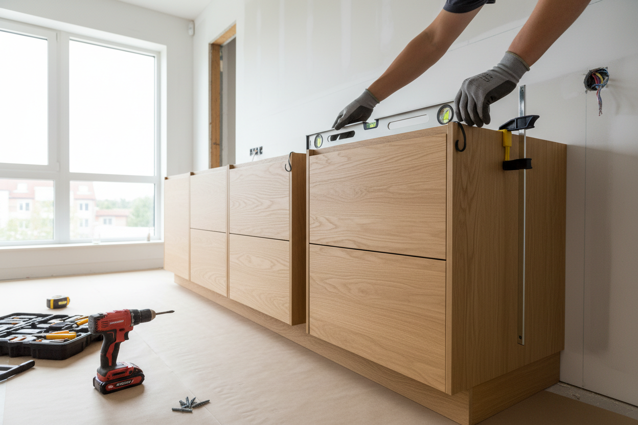 Built-in kitchen cabinet installation process in Malaysian home